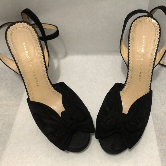 Charlotte Olympia Black Peep Toe Sandal Heels with Bows | Suede EU39 | US 8 - Picture 6 of 15